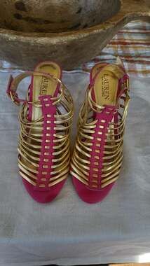 Lauren Ralph Lauren Skyla Pink and Gold Strappy Gladiator Stiletto Heels, 8B